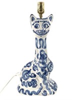 M.A. Hadley Pottery Blue & White Cat Lamp