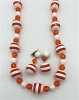 WEST GERMANY Orange Striped Bead Necklace Earrings