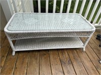 White Wicker Style Table With Glass 16” H x 42” W