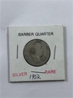 1902 Silver Barber Quarter Dollar