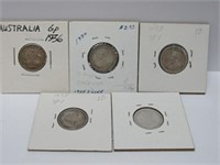 5 Australia 6 pence silver coins