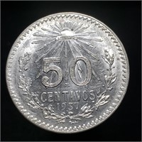 1937 Mexico 50 Centavos - Bright Silver!