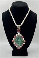 Pearl Necklace w/Sterling Quartz and Ruby Pendant