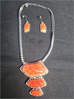 Vintage necklace & earrings orange/red glass