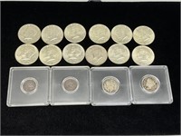 Twelve US 1964 Kennedy Half Dollars; Two US Libert