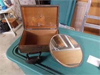 Vtg Iron, Wood Box & Round Mirror
