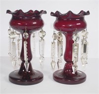 Pair burgundy glass lustre vases