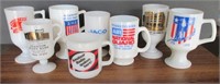 (8) Vintage Milk Glass Advertising Mugs