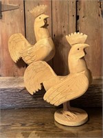 Two Rustic Carved Wood Rooster's