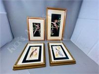 4 framed pictures - birds w/ real feathers