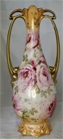 RS Prussia Pink Rose Double Handled Vase 10"