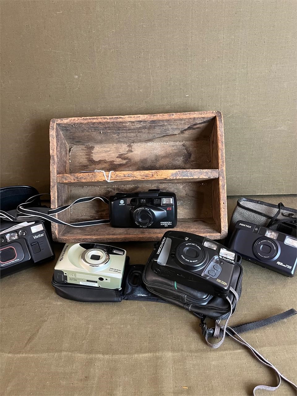 Wooden Crate w/ Point & Shoot Film Cameras