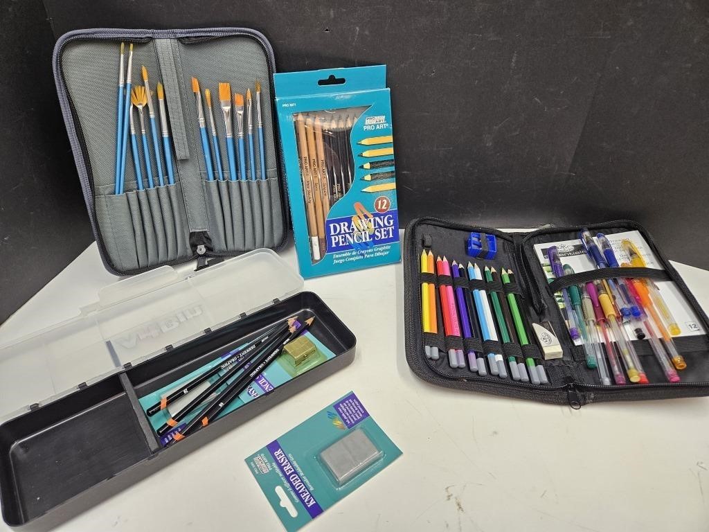 Art Pencils, Boxes, & Brushes & Lg Lot of Paper