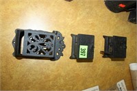 2 cast iron stoves banks and match holder