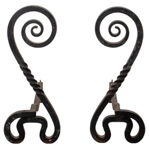 Arts & Crafts Style Wrought Iron Andirons, Pair