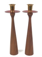 Pr Mid Century Wooden Candle Holders - 10"H