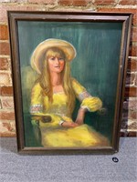 1970's Oil Painting of woman in Yellow Dress