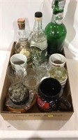 Liquor bottles, Jim beam cups, drink glasses,