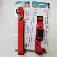Dog Collar & Leash, 60" nylon, Red, adjustable