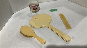 Vintage mirror, hairbrush, comb, shaving cup