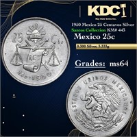 1950 Mexico 25 Centavos Silver Santos Collection K