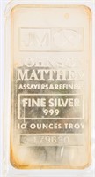 Coin 10 Ounce Johnson Matthey .999 Fine Silver Bar