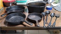 Cast Iron Skillets, Pot, and Utensils