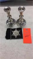 Sterling candlesticks, sterling ornament