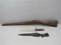 WWI Mauser bayonet, Mauser rifle stock, and a K98