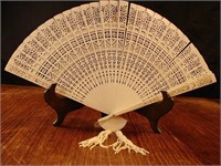 Japanese carved ivory fan with stand