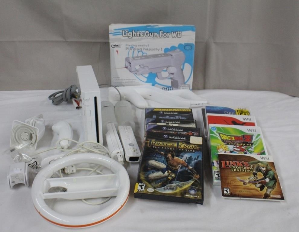 Wii console with some accessories gun, 6 games an