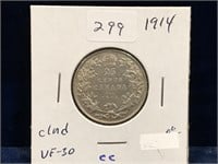 1914 Canadian Silver 25 Cent Piece  VF30