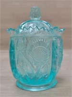 Fenton Glass Aqua Blue Thistle Jam Jar