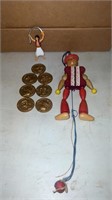 Wooden  pull string doll and miscellaneous Alain