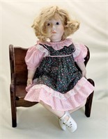 Porcelain Doll & Solid Wood Bench - Missing Pinky