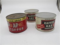 TRAY LOT OF 3 1LB COFFEE CANS, 1 A&P, 2 KAFFEE HAG