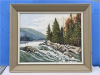 framed painting, rapids and trees, 24 x 20 1/4