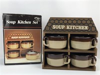 4 x Stoneware Soup Mugs with wooden shelf unit