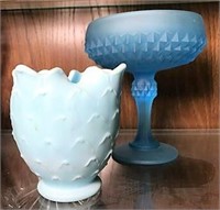 Blue Frosted Vase and Footed Candy Dish