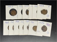Lot of (13) assorted wheat pennies