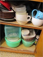Group under counter: plasticware, Corelle dishes &