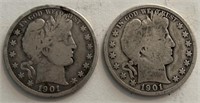 (2) 1901-P Barber Half Dollars