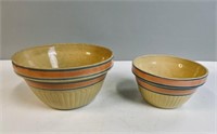 2 VINTAGE PINK AND BLUE BANDED YELLOW WARE BOWLS