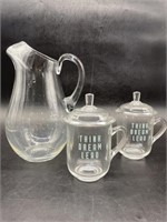 (3) Clear Glass Pitcher & 2 Lidded Mug Pitchers