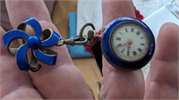 Blue Enameled Brooch Watch