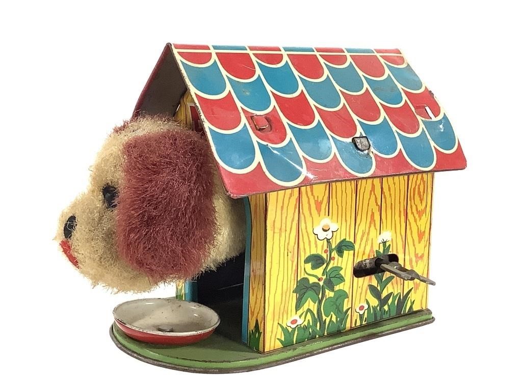 Tin Litho Wind Up Dog w Dog House c. 1950s, Japan