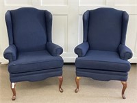 Pair of Wing Back Blue Upholstered Arm Chairs