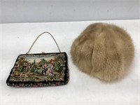 Womans Fur Hat and Embroidered Purse