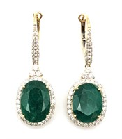 18k Yellow Gold Emerald & Diamond Dangle Earrings