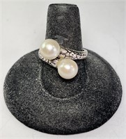 Uniqe Sterling Dbl Pearl Ring 5 Gr Size 7.75